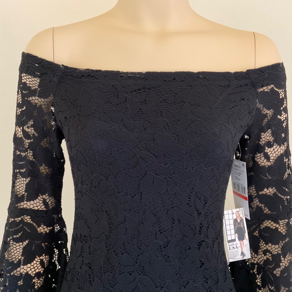 Karen Kane black lace Samantha dress, off shoulder, 3/4 bell sleeves Size XS - Picture 4 of 8